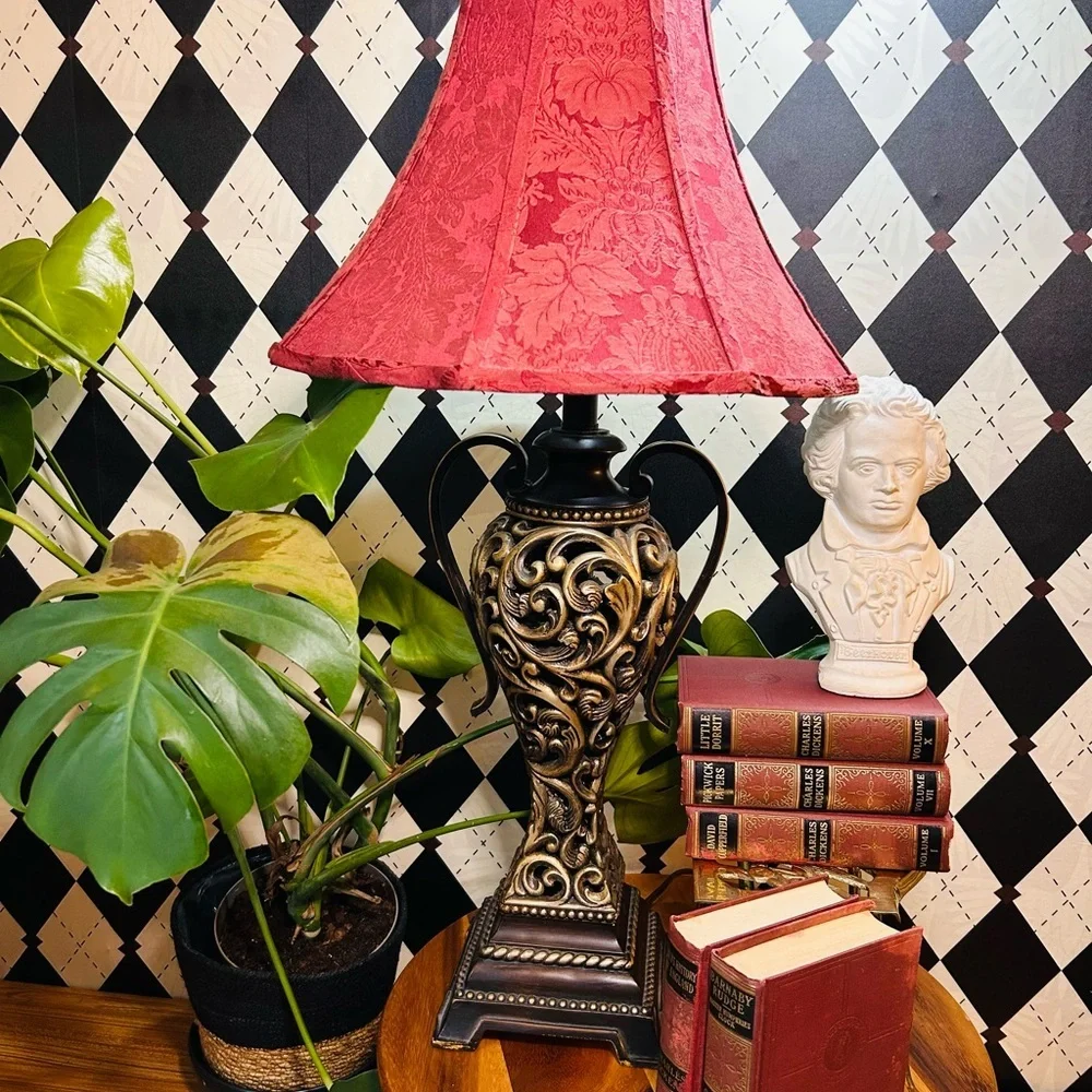 Luxury Vintage Black & Gold Table Lamp with Deep Burgundy‎ Shade Baroque Moody